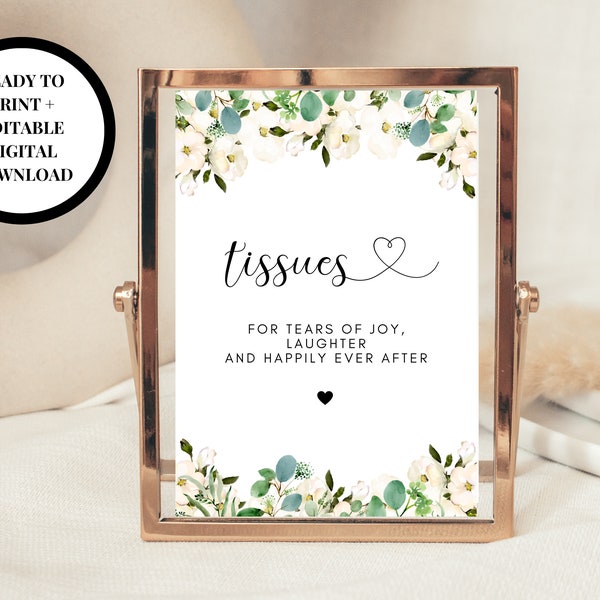 Editable Tissues Sign/ Greenery Floral For Tears of Joy Laughter and Happily Ever After Sign/Eucalyptus Wedding Reception Party Tissues Sign