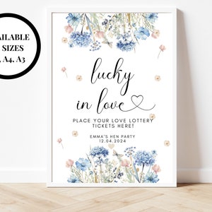 Lucky in Love Umieść swoje losy na loterię miłosną tutaj Znak/ Wieczór panieński/ Spersonalizowany niebieski motyw Dekoracja miejsca na wieczór panieński/ Znak powitalny