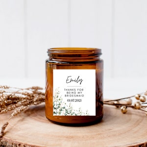 Personalisierter Dank fürs Sein meiner Brautjungfer Greenery Kerzen Label/ Botanisches Geschenk für Brautjungfer/ Rose Bachelorette Label/ A05/ A41