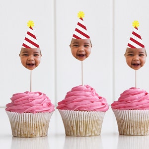 Baby Photo Face Cupcake Topper/ Cupcake Toppers for Baby Party/ Party for Baby Decor/ Personalised Face/ Happy Heads with Party Hat/ A11