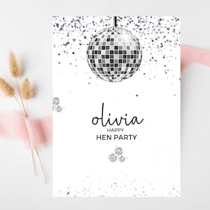 Glückliche Junggesellinnenabschiedskarte / personalisierte Silber Disco Ball Hen Party Grußkarte / Team Braut Brautparty / letzte Disco Bachelorette Karte