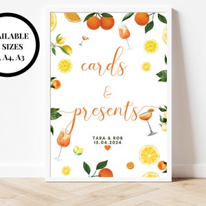 Enseigne pour cartes et cadeaux/affiche de boîte d'invités de réception de mariage/cits d'été oranges cadeaux de style méditerranéen/italien fonds cadeau lune de miel