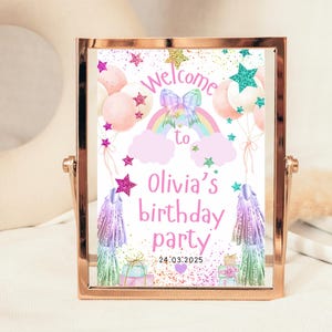 Letrero de bienvenida (A5, A4, A3)/ Globos arcoíris rosas personalizados con temática pastel y estrella/ Impresión colorida para cumpleaños de niñas y adolescentes/ Fiesta de cumpleaños imagen 4