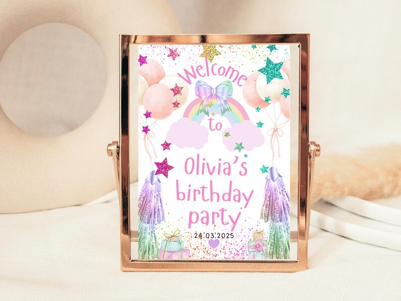 Letrero de bienvenida (A5, A4, A3)/ Globos arcoíris rosas personalizados con temática pastel y estrella/ Impresión colorida para cumpleaños de niñas y adolescentes/ Fiesta de cumpleaños imagen 4