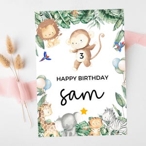 Monkey Happy Birthday Card/ Safari Theme Birthday Greetings Cards/ Childrens Birthday Party/ Jungle Animals Lion/ King of the Jungle Card