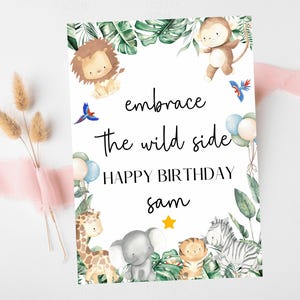 Embrace the Wild Side Happy Birthday Card/ Safari Theme Birthday Greeting Cards/ Childrens Birthday Party/ King of the Jungle Animals
