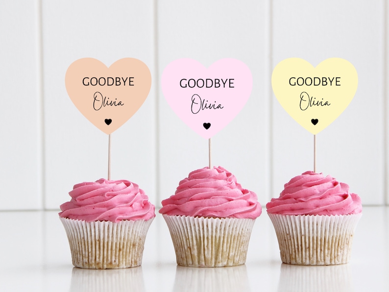 Personalised Goodbye Party Cupcake Toppers/ Pastel Heart Shaped Sorry Your Leaving Party Topper/ New Job/ Retirement/ You Will Be Missed image 1