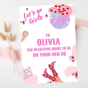 Alla futura sposa sul tuo biglietto di addio al nubilato/Ultimo rodeo personalizzato Disco Hen Party/Andiamo ragazze Nashville/Biglietto di auguri Nash Bash Country