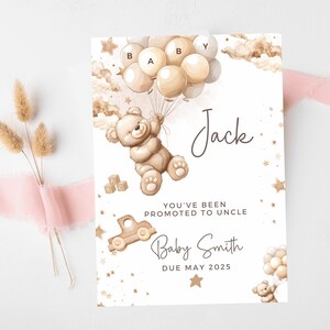 Cartão "Você foi promovido a tio"/ Ideias personalizadas para anúncio de gravidez/ Cartão "Podemos esperar muito para ser mamãe"/ Balões de urso pardo