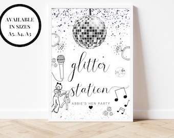 Glittrig stationsskylt (A5, A4, A3)/ Personlig rolig ansiktsmålning med silverfärgad discokula Möhippa/ Möhippa/ Silvertema Last Disco-affisch