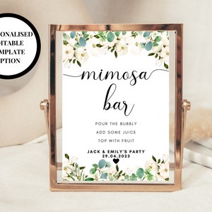 Editable Mimosa Bar Sign/ Greenery Floral Cocktail Drinks Party Poster/Eucalyptus Open Seating/ Minimalistic Wedding Reception Sign