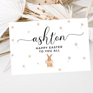 Biglietto di auguri personalizzato di Buona Pasqua a tutti/Coniglietti pasquali floreali/Coniglio fiocco giallo/Biglietto di auguri di Pasqua/Biglietto carino per Pasqua