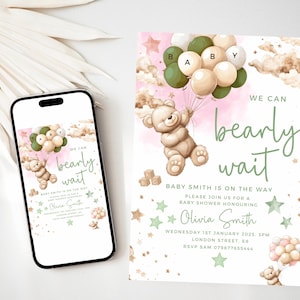 Invitación personalizada para baby shower en tonos neutros, dorado, rosa y verde salvia. Impresa o digital. Oh, bebé, revelación de género. Podemos esperar con ansias a que sea mamá.