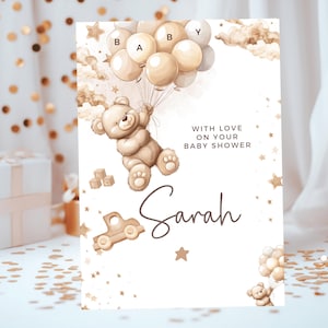 Con amor en tu tarjeta de baby shower/Revelación de género personalizada para baby shower/Podemos esperar con ansias la tarjeta para la futura mamá/Globos de oso pardo para nuevo bebé
