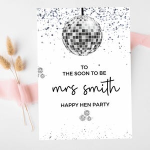 Biglietto per la futura signora/Biglietto di auguri personalizzato per il weekend dell'addio al nubilato con palla da discoteca in argento/Team Bride Bridal Shower/Ultima carta da discoteca