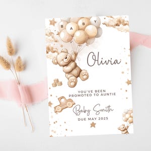 Cartão de você foi promovida a tia/ Ideias personalizadas para anúncio de gravidez/ Cartão de mamãe que mal podemos esperar/ Balões de urso pardo