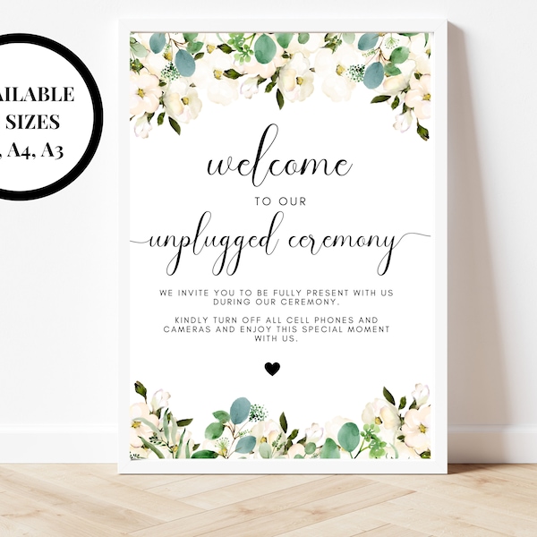 Personalised Unplugged Ceremony Sign/ Greenery Floral Wedding No Phones No Social Media Poster/ Eucalyptus Wedding Unplugged Ceremony Sign