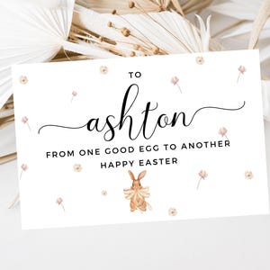 Personalizzato da un uovo buono all'altro Biglietto di auguri di Pasqua felice/Coniglietti pasquali floreali/Coniglio fiocco giallo/Biglietto di auguri di Pasqua/Biglietto carino