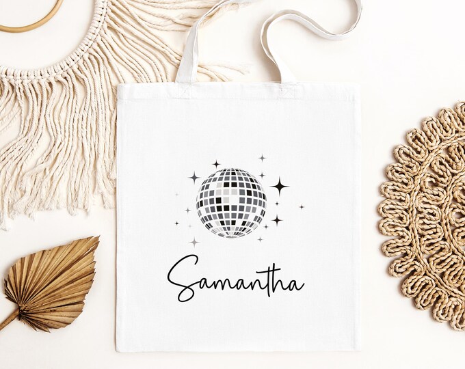 Personalised Disco Ball Tote Bag/ Silver Theme Future Mrs to Be Gift/ Disco Ball Bridal Shower Hen Party Keepsake/ Last Disco as a Miss