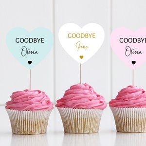 Personalised Goodbye Party Cupcake Toppers/ Pastel Heart Shaped Sorry Your Leaving Party Topper/ New Job/ Retirement/ You Will Be Missed image 4