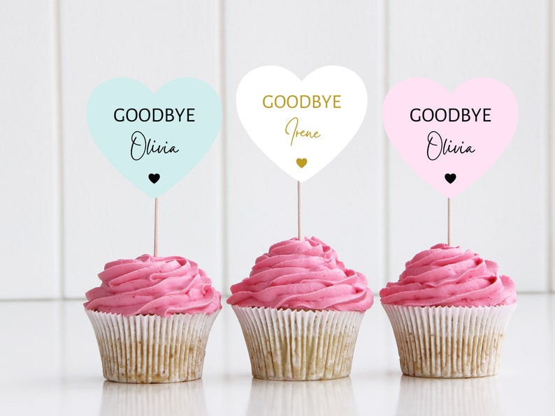 Personalised Goodbye Party Cupcake Toppers/ Pastel Heart Shaped Sorry Your Leaving Party Topper/ New Job/ Retirement/ You Will Be Missed image 4