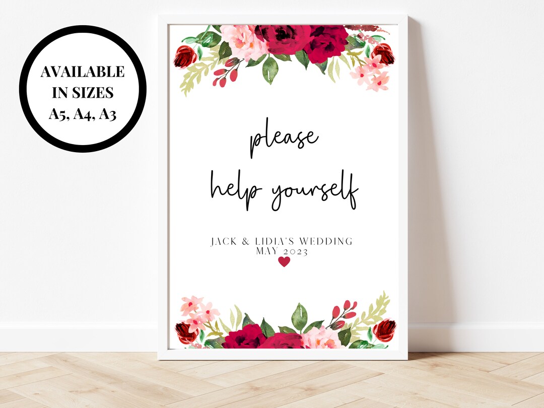 Personalised Please Help Yourself Sign/ Red Floral Wedding Reception ...