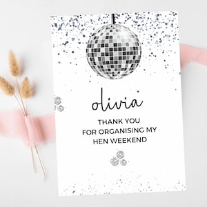 Merci d'avoir organisé ma carte de week-end entre célibataires/Carte de voeux personnalisée pour enterrement de vie de jeune fille disco argentée/Douche nuptiale de la mariée de l'équipe/Dernière discothèque