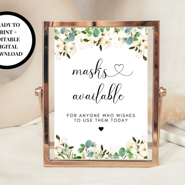 Editable Masks Sign/ Greenery Floral Wedding Masks Available For Anyone Who Wishes to Use Them Today Poster/ Eucalyptus Hen Party Masks Sign