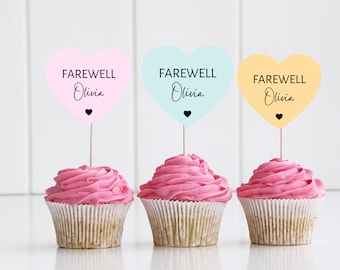 Adornos personalizados para cupcakes de despedida / Corazón en tonos pastel / Fiesta de despedida / Adiós / Te echaremos de menos / Jubilación