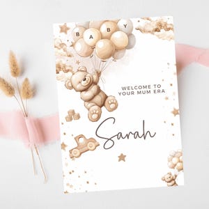 Tarjeta de bienvenida a la era de tu mamá/ Tarjeta de revelación de género de baby shower personalizada/ Tarjeta de bienvenida a la futura mamá/ Globos de oso pardo para nuevo bebé
