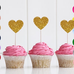 Toppers de cupcake para festa de noivado e coração com glitter/decoração temática de coração de casamento/chá de bebê com glitter/formatura/aposentadoria/amor/A11/A24
