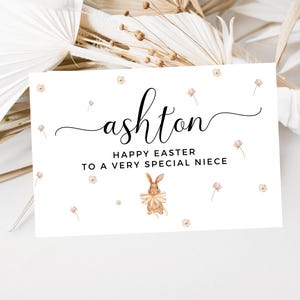 Biglietto di auguri personalizzato di Buona Pasqua per una nipote molto speciale/Coniglietti pasquali floreali/Coniglio fiocco giallo/Biglietto di auguri di Pasqua/Biglietto carino per Pasqua