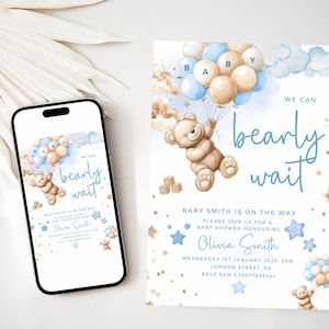 Faire-part personnalisé pour baby shower pour bébé garçon / bébé garçon Oh imprimé ou numérique, nous pouvons attendre maman pour être / ballons bleus pour soirée à thème