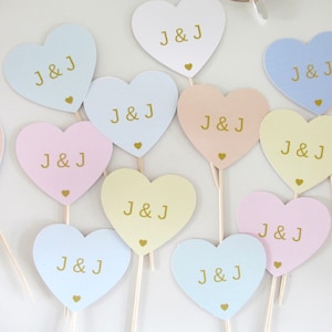Personalised Wedding Party Cupcake Toppers/ Pastel Wedding Reception Heart Shaped Bridal Party Topper/ Engagement Cake/ Anniversary Party