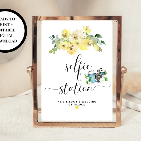 Editable Yellow Floral Selfie Station Sign/ Yellow Roses Flowers Photo Booth Party Prop Poster/ Wedding/ Hen Party Selfie Social Media Sign