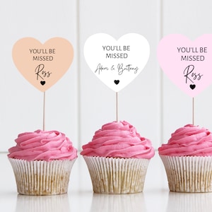 Personalizzato ti mancherà Cupcake Topper/ Pastel Heart Shaped Sorry Your Leaving Party Topper/ Goodbye Retirement Topper/ A11/ A30