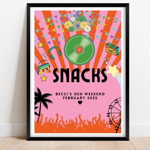 Snacks Sign (A5, A4, A3)/ Personalised Festival Theme Hen Party Weekend/ Music DJ Festival Bridal Shower/ Bachelorette Decor/ Camp Sign