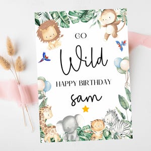 Go Wild Happy Birthday Card/ Safari Theme Birthday Greetings Cards/ Childrens Birthday Party/ Jungle Animals/ King of the Jungle Card