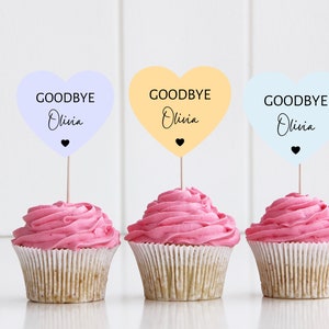 Personalised Goodbye Party Cupcake Toppers/ Pastel Heart Shaped Sorry Your Leaving Party Topper/ New Job/ Retirement/ You Will Be Missed image 3
