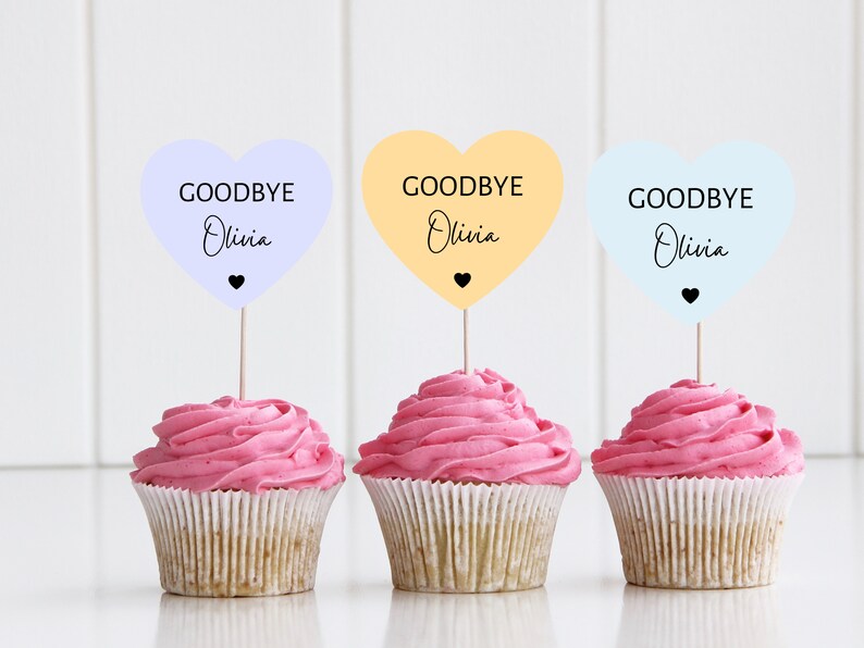 Personalised Goodbye Party Cupcake Toppers/ Pastel Heart Shaped Sorry Your Leaving Party Topper/ New Job/ Retirement/ You Will Be Missed image 3
