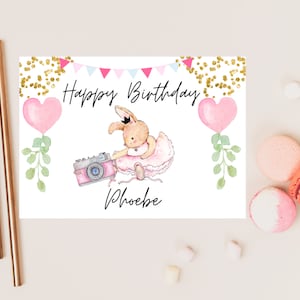 Happy Birthday Card/ Personalised Gold Confetti Pink Balloons Birthday Card for Girl Her Best Friend/ Childrens Happy Birthday Gift Decor