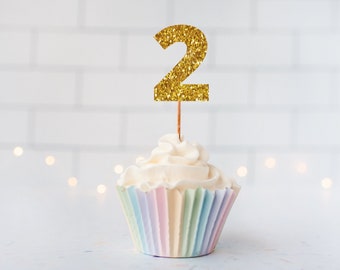 Adornos con purpurina para cupcakes con número dos (15 colores)/Celebración del segundo aniversario de bodas/Celebración de fiesta de cumpleaños/Decoración para eventos empresariales