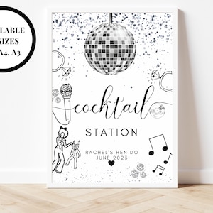 Cocktail Station Schild / Personalisierte Silber Disco Ball Hen Party Decor / Getränke Alkohol Mocktail Brautparty / Silver Last Disco Poster