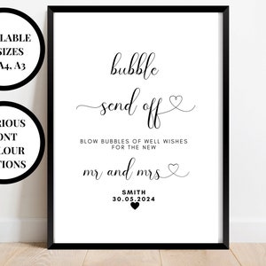 Puede incluir: Un cartel imprimible en blanco y negro con el texto "bubble send off" y "Sopla burbujas de buenos deseos para el nuevo Sr. y Sra. Smith 30.05.2024".
