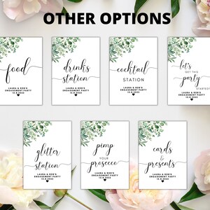 Puede incluir: Conjunto de 8 carteles imprimibles para una fiesta de compromiso con vegetaci&oacute;n y texto en caligraf&iacute;a. Los carteles incluyen "food", "drinks station", "cocktail station", "let's get this party started", "glitter station", "pimp your prosecco", "cards & presents".