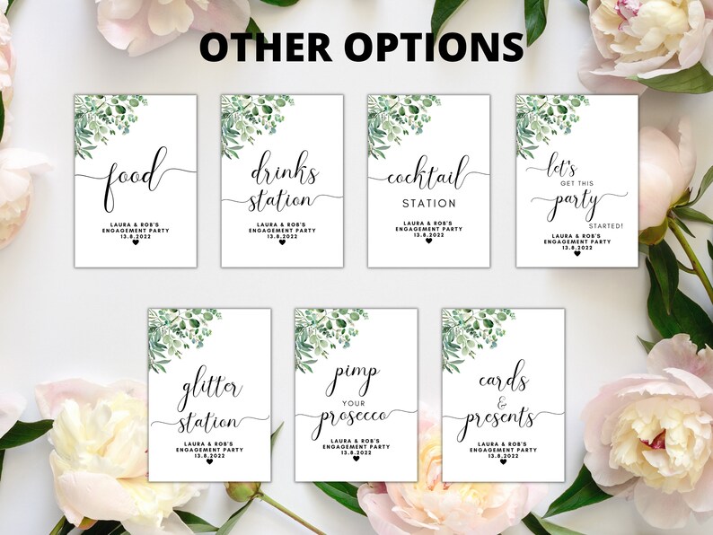 Puede incluir: Conjunto de 8 carteles imprimibles para una fiesta de compromiso con vegetaci&oacute;n y texto en caligraf&iacute;a. Los carteles incluyen "food", "drinks station", "cocktail station", "let's get this party started", "glitter station", "pimp your prosecco", "cards & presents".