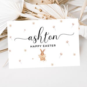 Cartão de Feliz Páscoa personalizado/ Coelhinhos da Páscoa florais/ Laço amarelo de coelho/ Cartão de felicitações de Páscoa/ Cartão fofo para a Páscoa/ Cartões de Páscoa florais