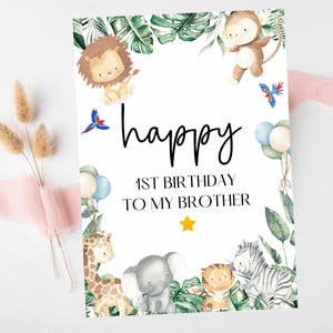 To My Brother Happy 1st Birthday Card/ Safari Theme Birthday Greetings Cards/ Childrens Birthday Party/ King of the Jungle Card