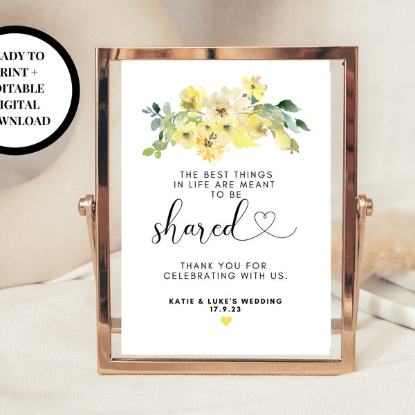 Editable Yellow Floral Thank You Sign/ Roses Flowers The Best Things in Life Are Meant to Be Shared Thank You for Celebrating With Us Poster