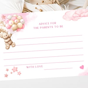 Tarjetas con consejos para futuros padres/ Recuerdo para futura mamá en baby shower/ Juegos con chispas de osito de peluche rosa para niña/ Tarjetas de recuerdo para fiestas